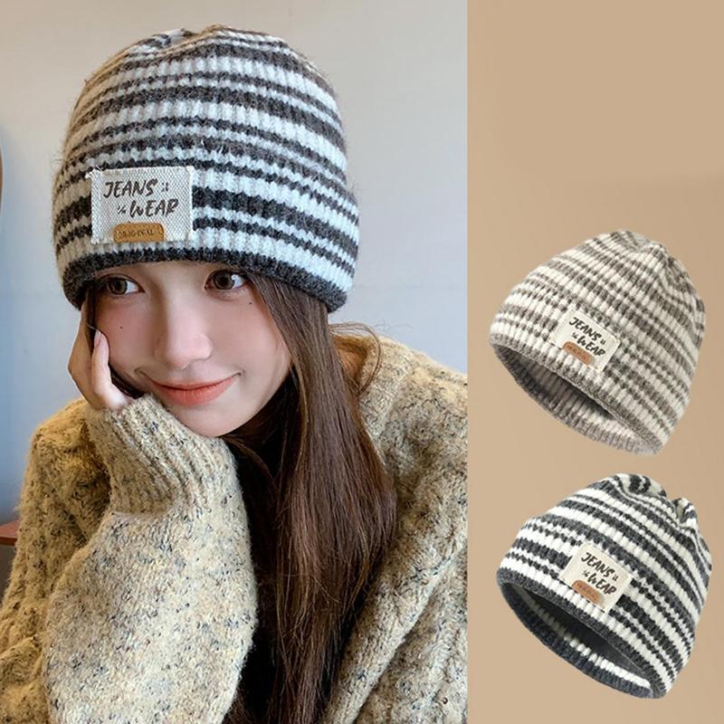 Autumn And Winter  Striped Versatile Korean Style  Large Head Circumference Wool Knitted Hat Pullover Hat For Women