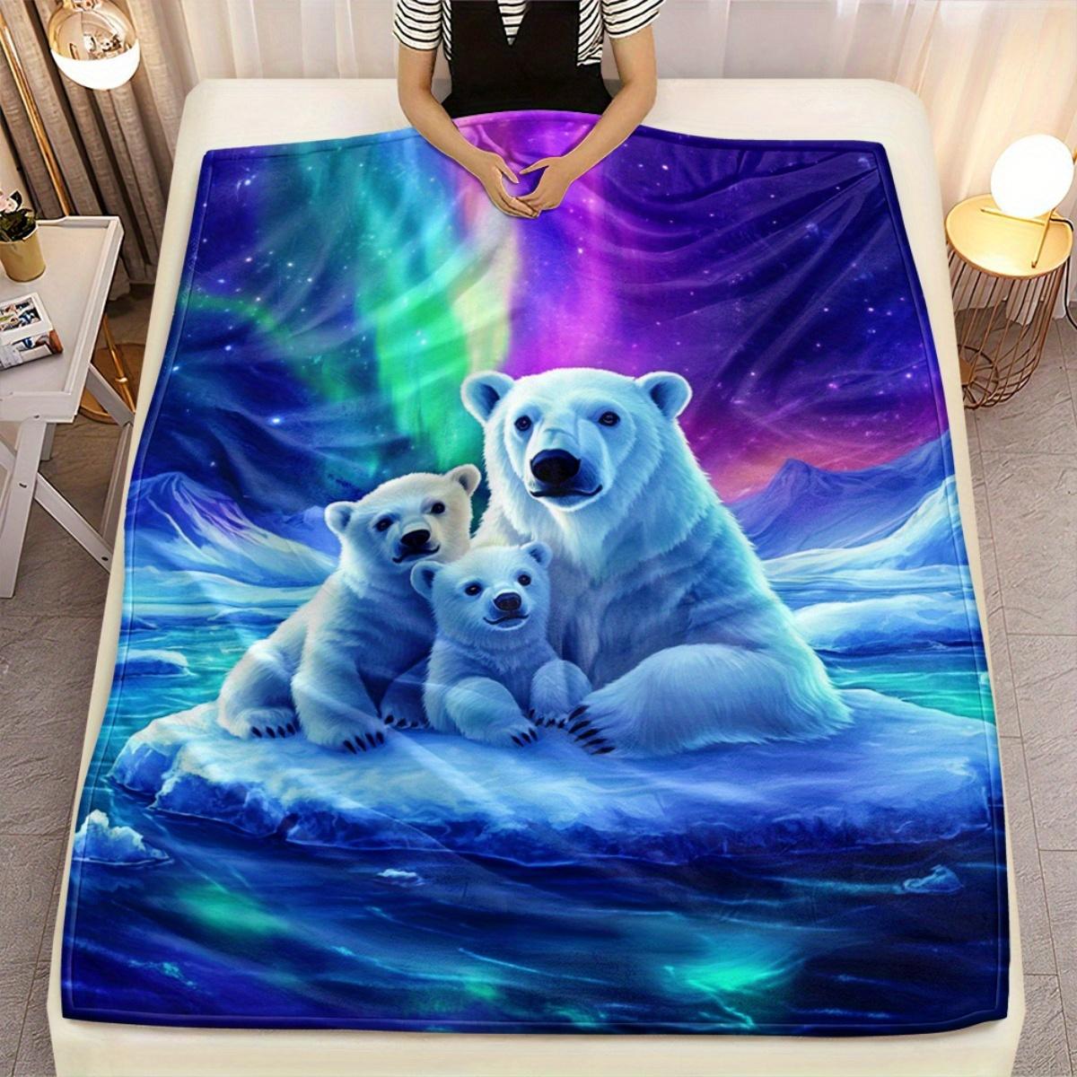 1pc Polar Bear Family Aurora Sky Fleece Blanket Soft Winter Throw Nature Animal Print Home Decor 75X95CM