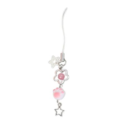 Porte-clés mignon en acrylique avec perles, pendentif patte de chat, anneau pour carte, livre ou téléphone portable, léger et décoratif.