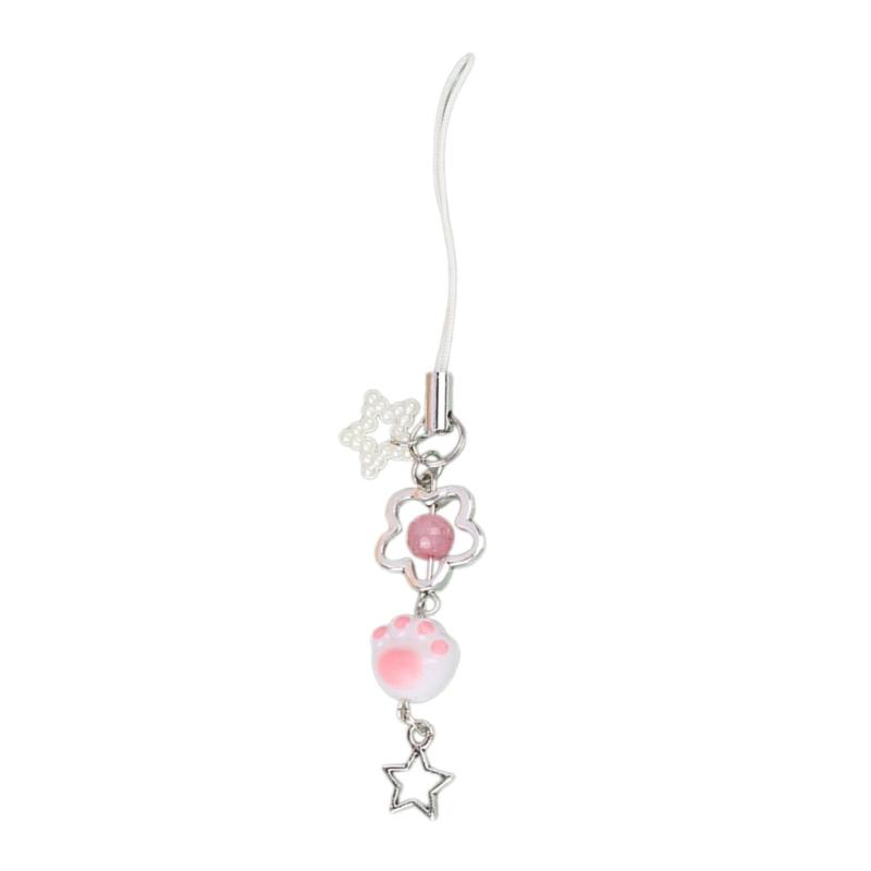 Cute Acrylic Beaded Keychain Cat Paw Pendant Keyring Card Book Mobile Phone Charm Lightweight Key Chain Ornament