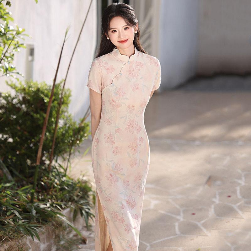 Pink national style new Chinese style Suzhou daily long cheongsam improved young 1011 new women's high sense summer