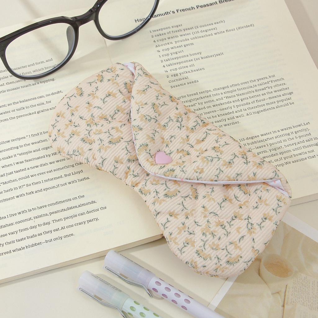 Cute Floral Corduroy Glasses Pouch with Snap Closure Eyeglass Sleeve Cover for Women Portable Quilted Sunglasses Case