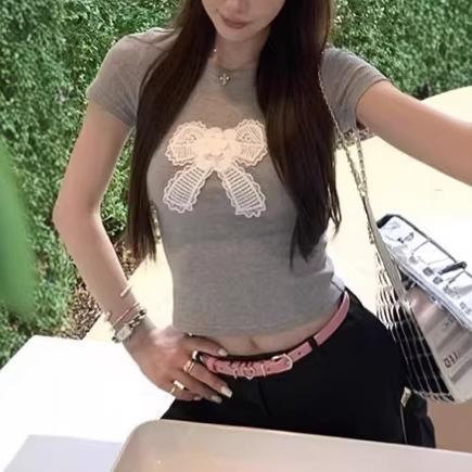 Sweet Embroidered Bow Crew Neck Shoulder Short Sleeve T-Shirt Women's Summer New Slim and Skinny Short Top