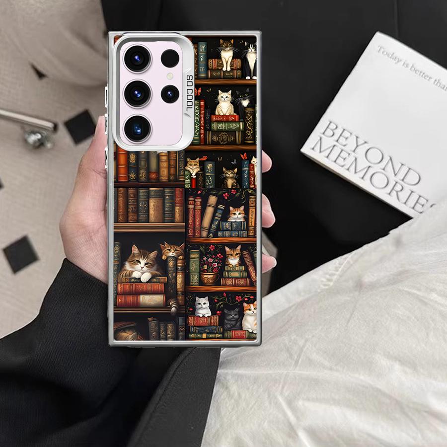 Phone Case for Samsung Galaxy S23 S24 S25 Ultra S20 S22 S23 FE Note 20 S21 Plus S24FE Shell Cover Vintage Bookshelf Kitten