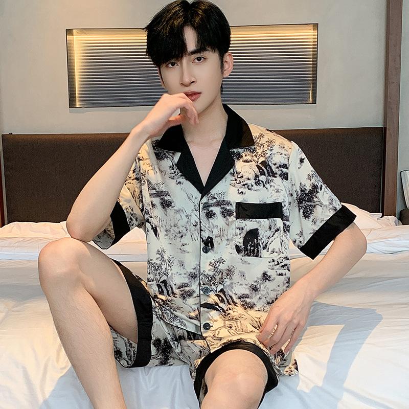 Ink Wash Painting Men Pajamas Suit Ice Silk Thin Summer Short-sleeved Satin National Style Loungewear Loose Sleepwear Male Gift