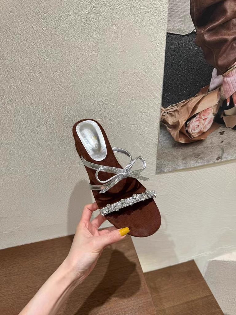 Elegant Butterfly Knot Slope Heel Women's Summer Outdoor Wear 2025 New French Style Square Head Open Toe High Heels Slides