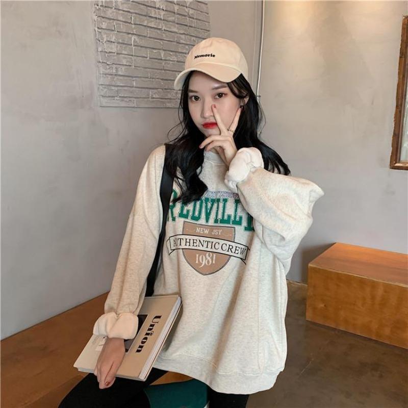 Women Long Sleeve O Neck Loose Pullovers Female Tops Solid Color Sweatshirts