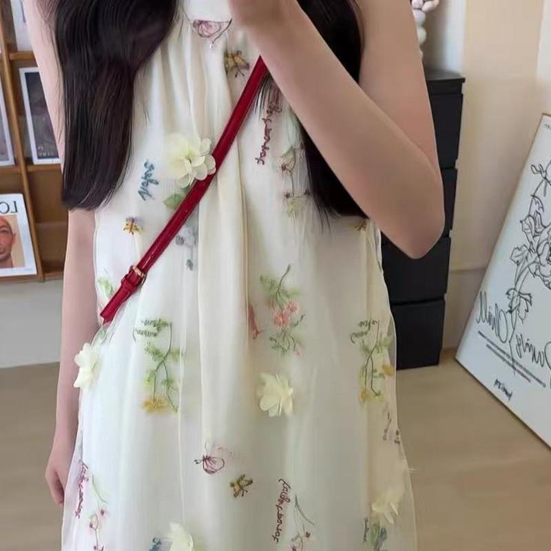 Summer Cotton Embroidery Sleeveless Dress For Beach Women With Mesh Floral Design