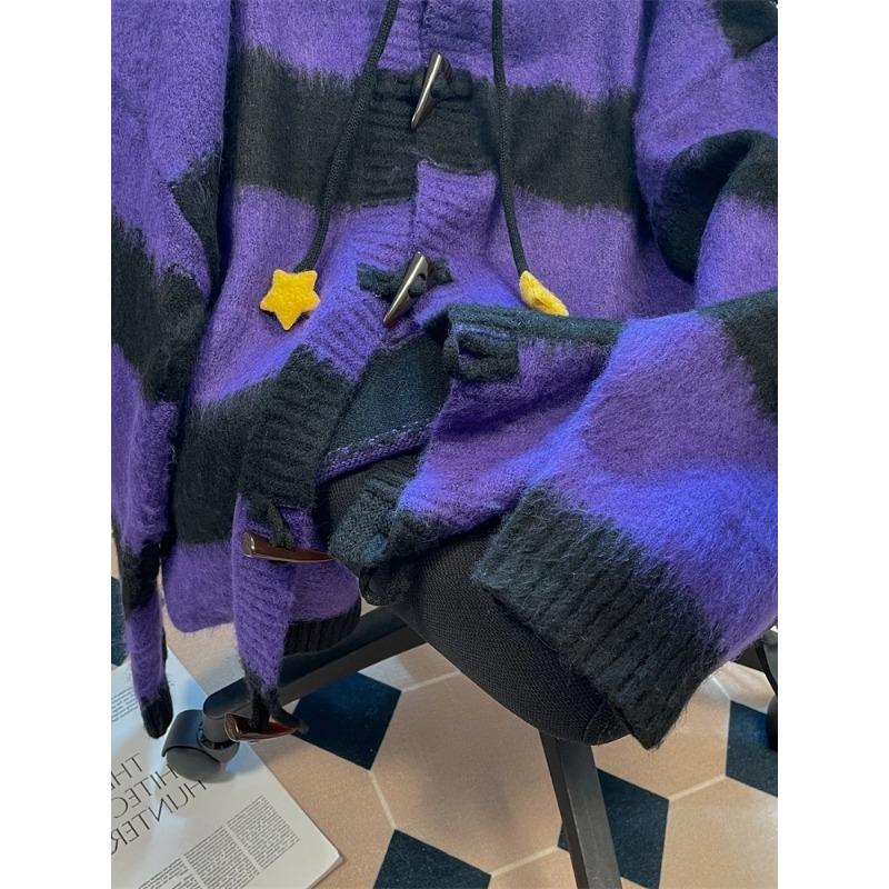 Lazy Style Cute Star Stripe Hooded Sweater Women's Autumn and Winter Anime Mine Knitted Cardigan Coat