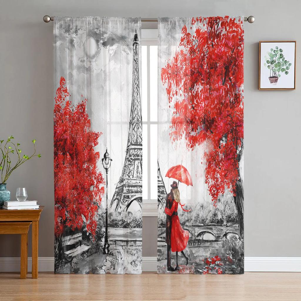 Paris Seine Woman Eiffel Tower Red Lips Tulle Sheer Curtains for Living Room Bedroom Decor Window Curtain Voile Organza Drapes