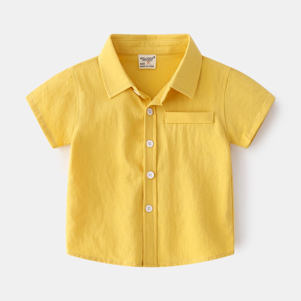 Summer Boys Cotton Short-sleeved Shirt Monochrome Lapel Design Casual Children's Short Sleeves