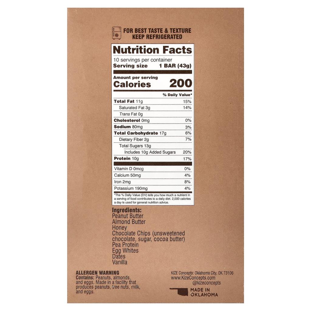 KiZE Life Changing Bar, Cookie Dough, 10 Bars, 43g (1.5oz) Each