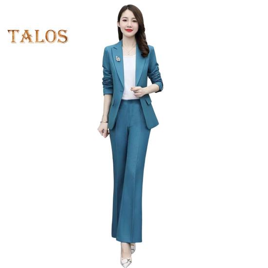 2 buc./set haină formală pentru damă, pantaloni, guler răsturnat, mâneci lungi, costum jachetă, slim fit, culoare pură, pantaloni evazați, îmbrăcăminte zilnică, ținută pentru navetă, birou