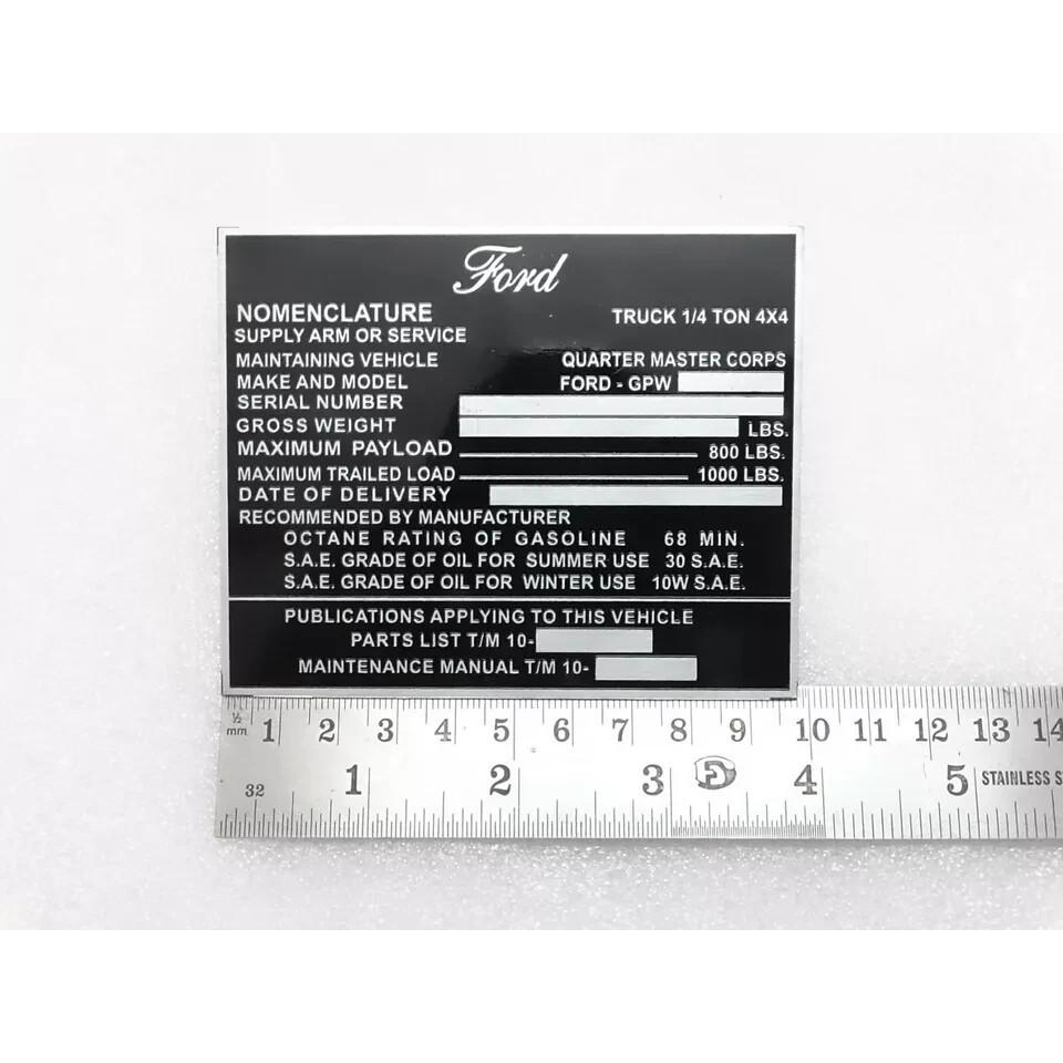 Dash Data Plate Aluminum Black Set Of 4 For Jeeps Willys Ford CJ2A CJ3A CJ3 |Fit
