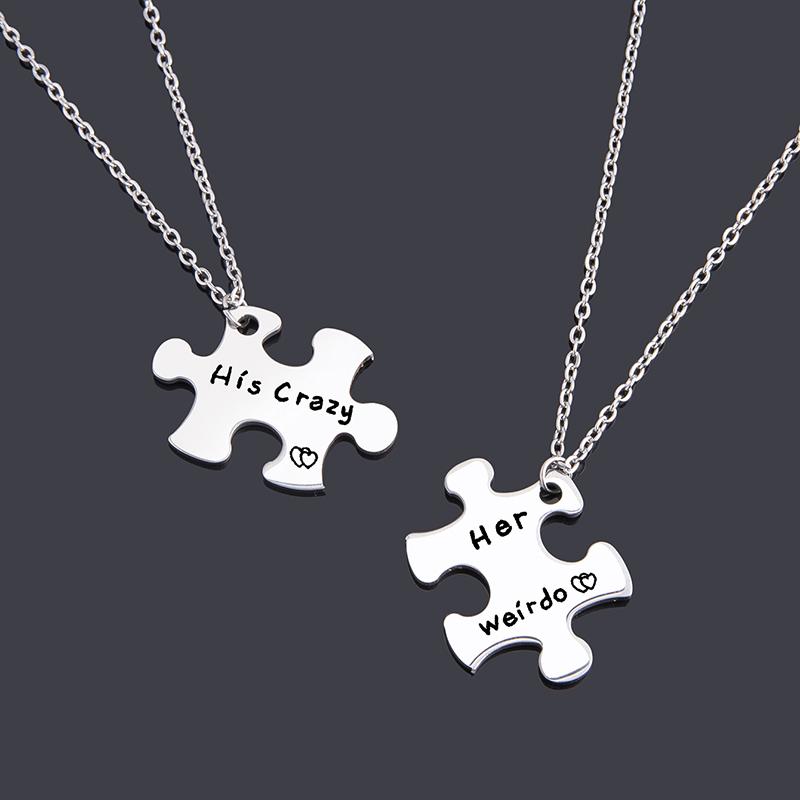 2 Pcs Engraved His Crazy Her Weirdo Jigsaw Puzzle Pendant Necklace Stainless Steel Couple Jewelry Gifts
