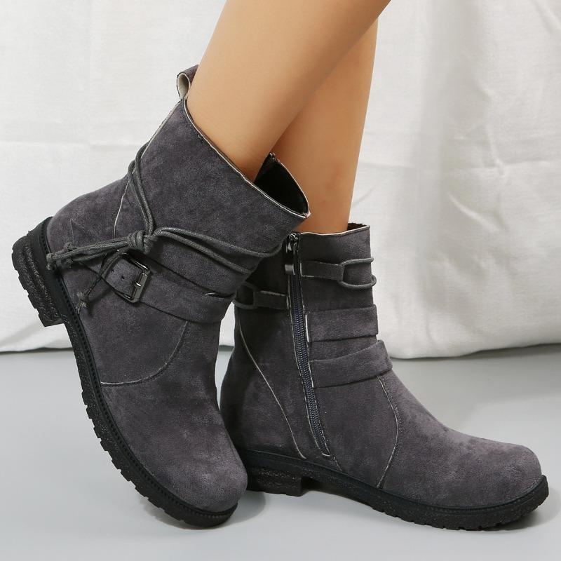 Fall/Winter New Arrival Round-Toe Side-Zip Low-Heel Oversized Short Boots Flat-Sole Buckle-Fastening Suede Martin Boots