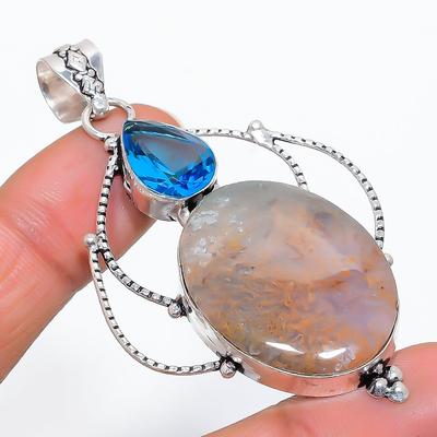 Natural Plume Agate Gemstone Handmade 925 Sterling Silver Pendant 2.56" S9m03