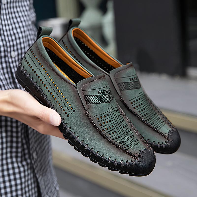 Men Loafers Brown Hiking Shoes Slip On Handmade Driving Shoes Casual Leather Wide Outdoor Summer Shoes for Father Plus Size
