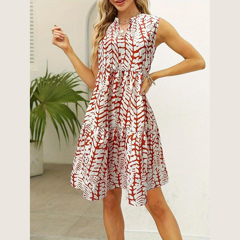 Women bohemian Summer Sleeveless leaves printed Holiday One Piece Dress