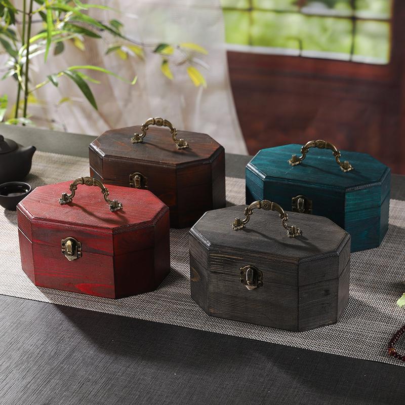 Vintage Wooden Jewelry Box Octagonal Design Storage Container with Lid and Handle Gift Box Snacks Dried Fruits for Home Decors