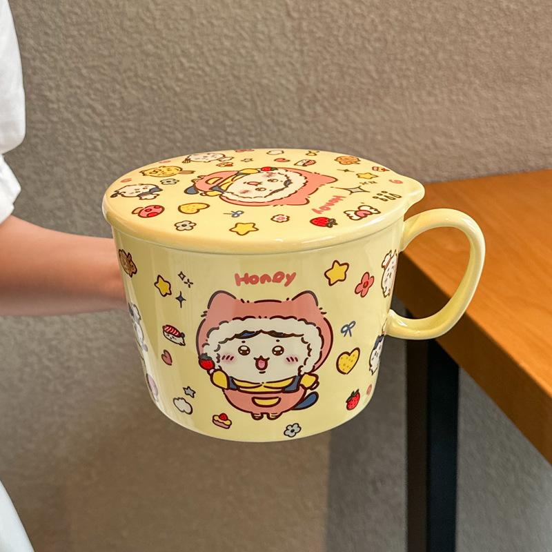 High-value and cute student large instant noodle cup Ceramic instant noodle bowl with lid Dormitory tableware Soup noodle ramen bowl