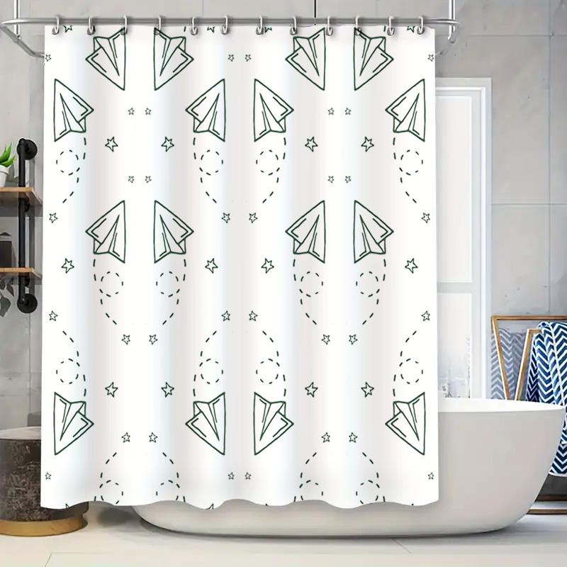 

Paper Airplane Shower Curtain with Stars Black White Bathroom Decor for Kids, Teens + Adults Modern Design Waterproof Fabric Siz 90x180cm