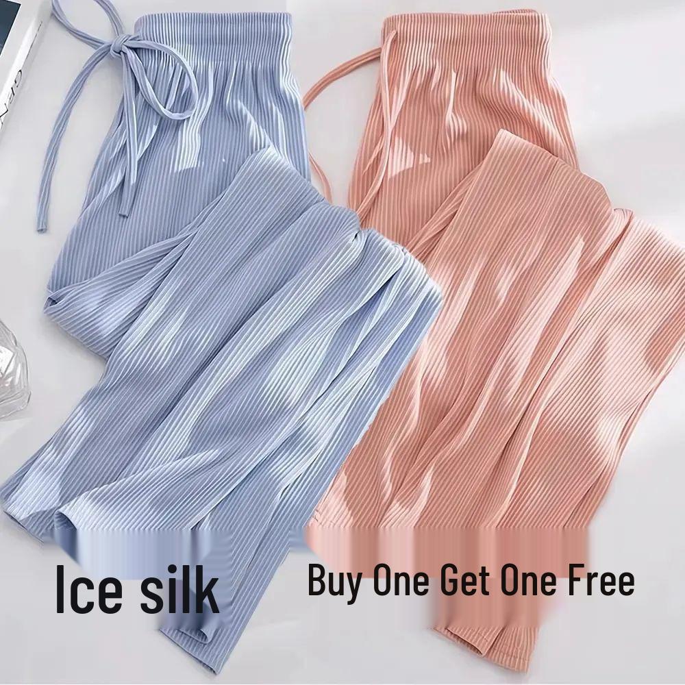 Women's Summer Ice Silk Wide-Leg Pants: One or Two-Piece Set, Korean Style, High Waist, Slimming, Floor-Length.