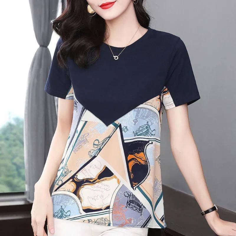 

Женская летняя футболка с коротким рукавом, комбинированная из шифона и чистого хлопка, новый стиль, большого размера, средней длины, свободный топ S синий