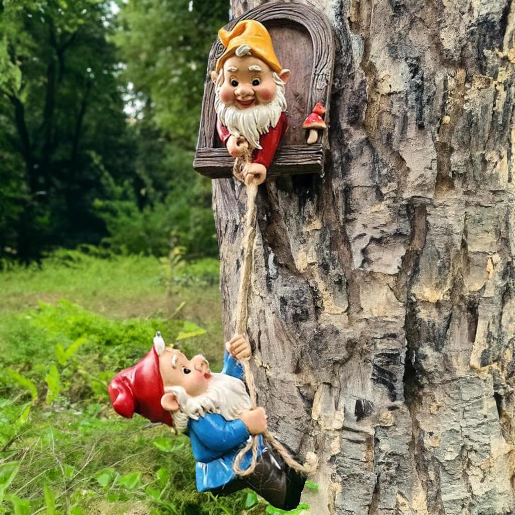 Garden Gnome Statue,Climbing Elves Garden Sculpture,Outdoor Fairy Door Figurines,Fairy Hanging Decor,Tree Hugger Perfect for Garden Lovers Lawn,