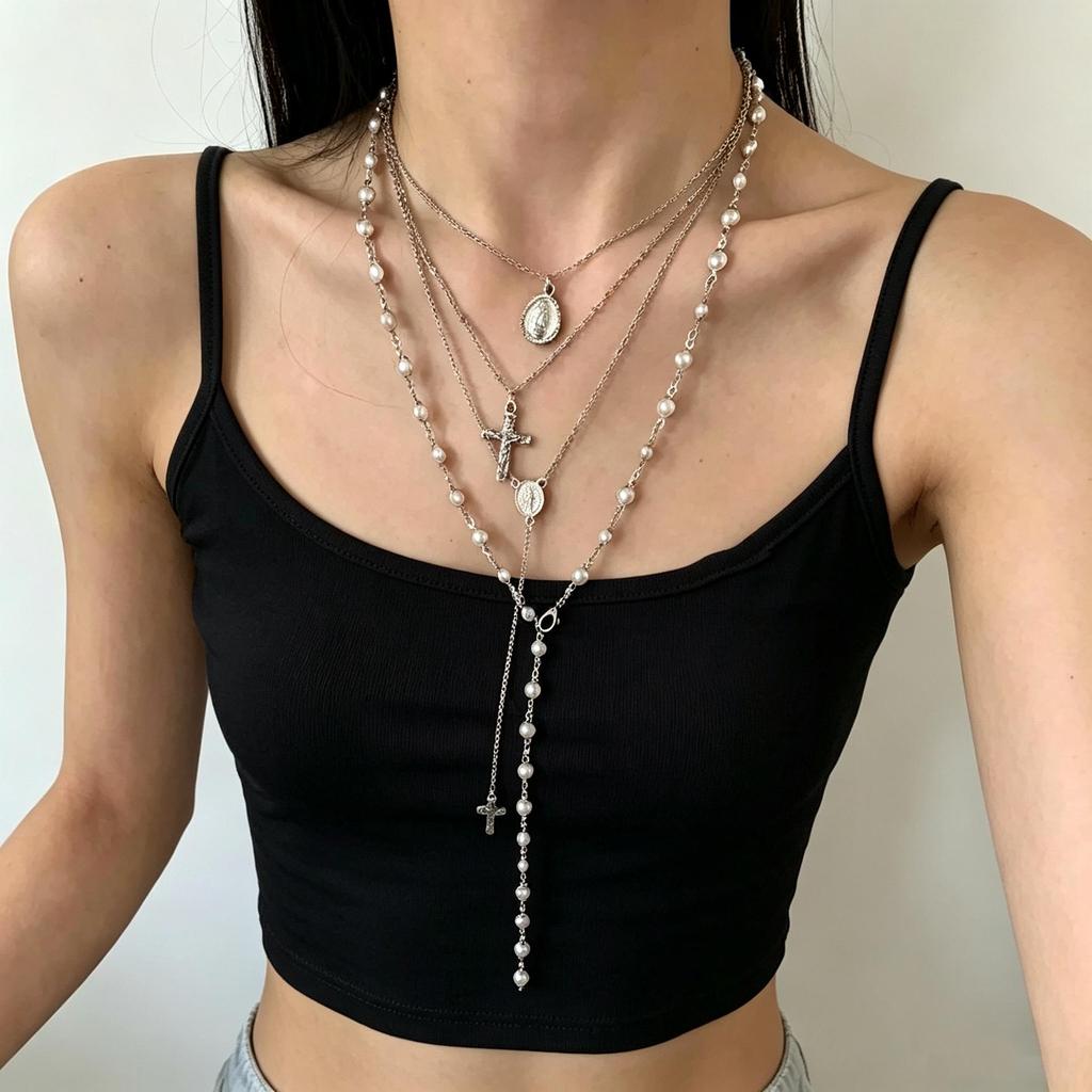 European & American Multi-Layer Stackable Cross Necklace: Luxury Metal Clavicle Chain for Women - Cool, High-End Style