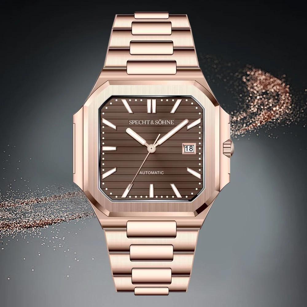 Specht & Söhne New Luxury Men's Watch 41MM Rose Gold Automatic Mechanical Wriswatch Genunie Leather Sports Watches 5Bar