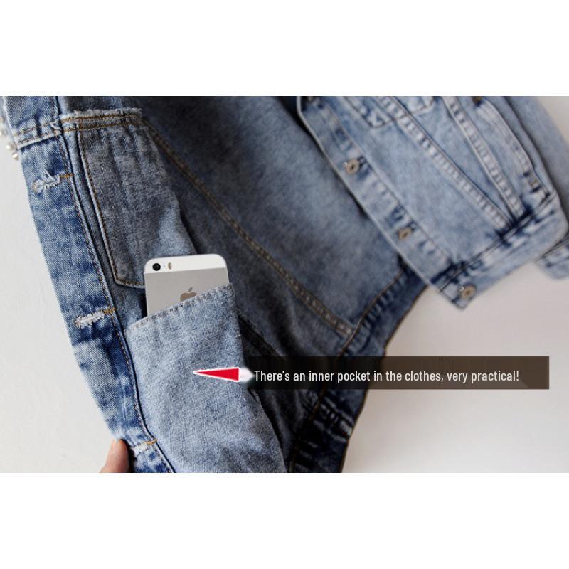 Giacca di Jeans Robusta con Perline per Donna - Capo di Moda Stile Europeo e Americano