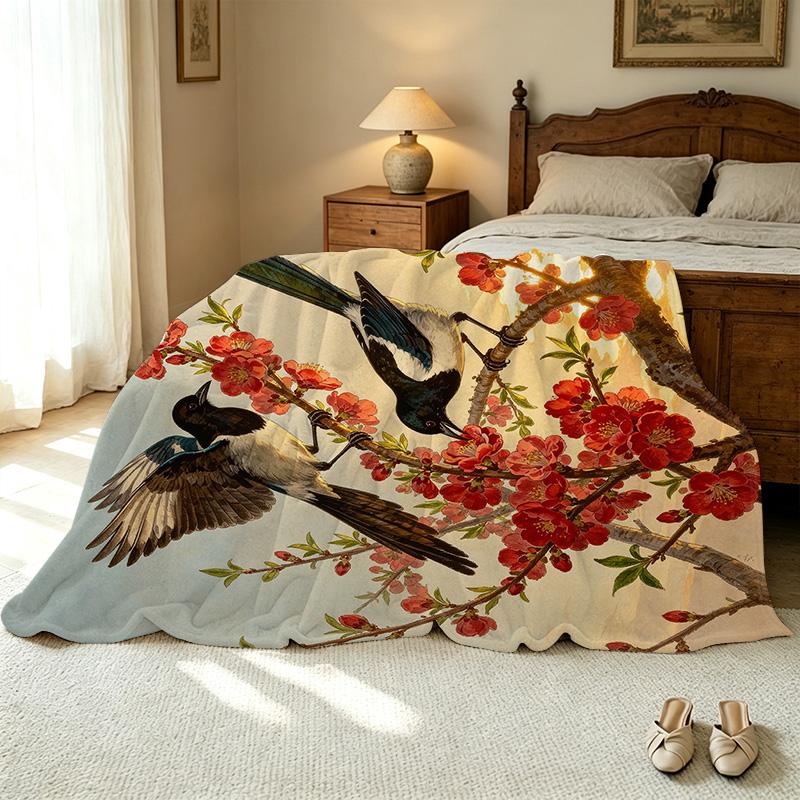 Magpie Floral Print Flannel Fleece Blanket High-Density Plush, Warm & Cozy Throw for Home, Christmas & Halloween