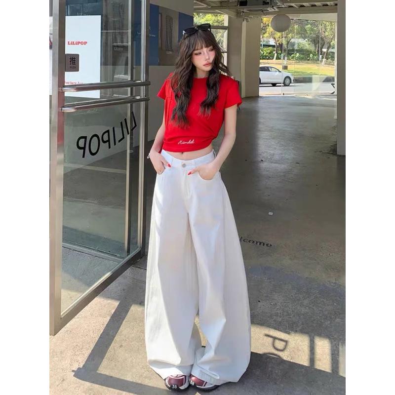 Plus Size High Waist Retro White Wide-Leg Jeans for Women - Summer 2025 Trendy Slimming Floor-Length Pants