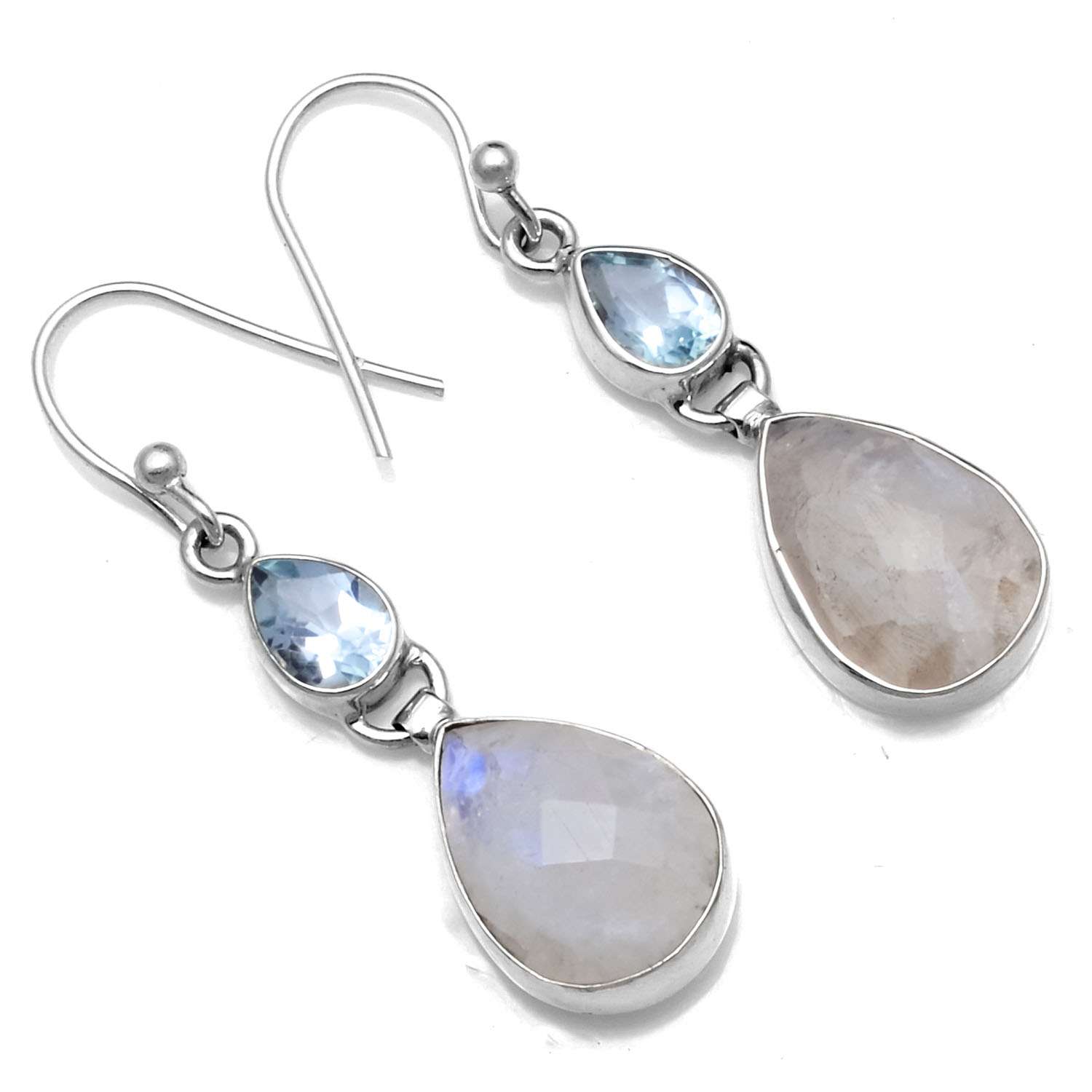 

Rainbow Moonstone, Blue Topaz Gemstone Earrings Solid 925 Sterling Silver Handmade Earrings Jewelry Gift For Women And Girls E-706