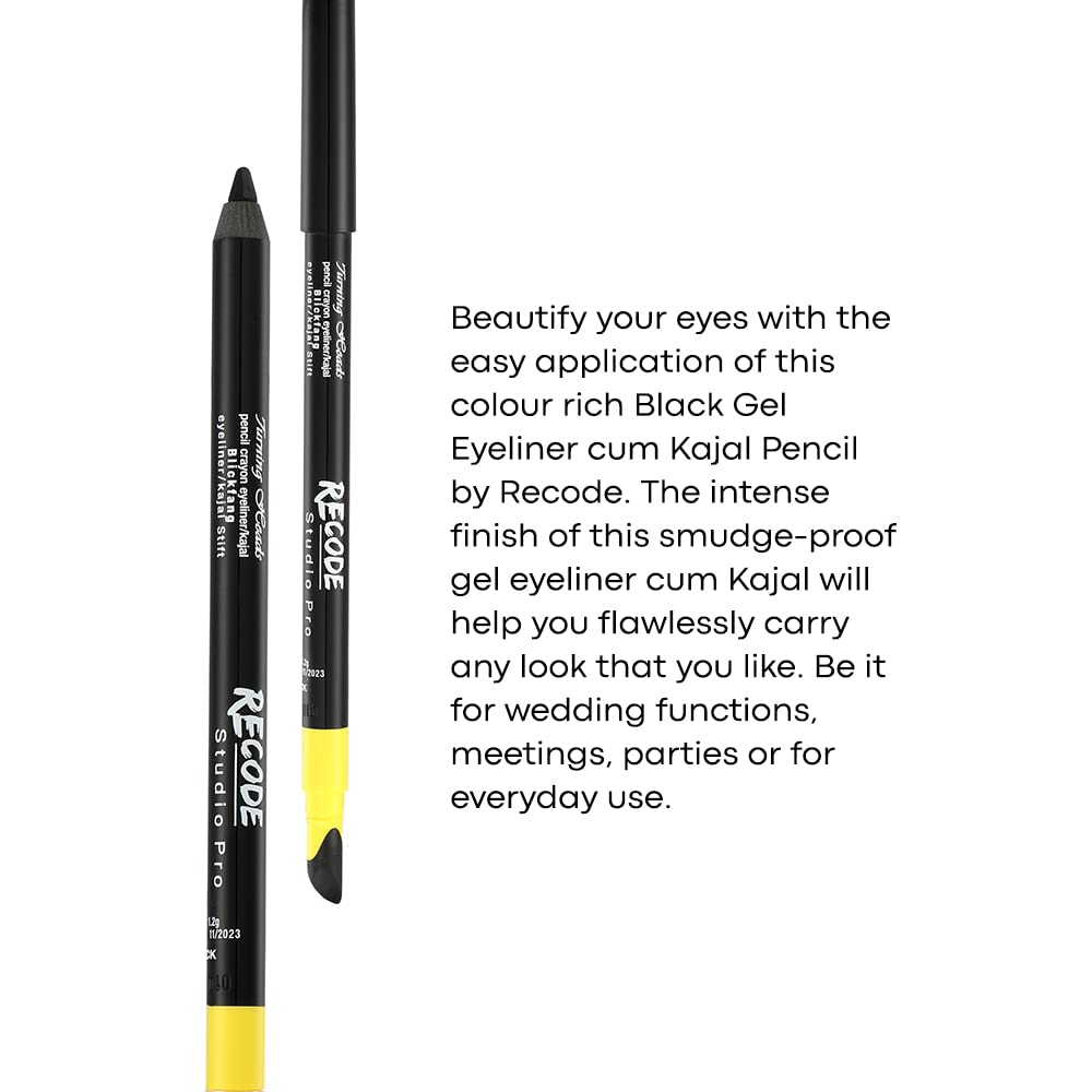 Recode Turning Heads Crayon Gel Eyeliner Pencil Cum Kajal Pencil Comes with Smudger On Other Side, Long Lasting, Water-proof, Black, 1.2g