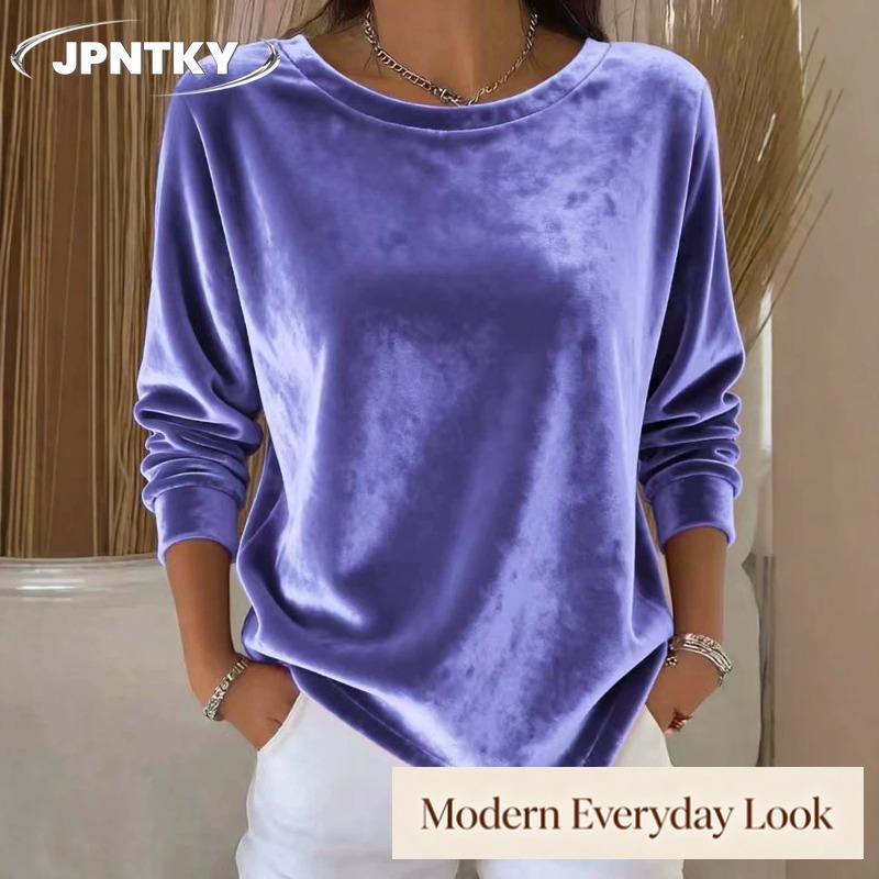 JPNTKY Women's Fashion Casual Solid Color Print Long Sleeve O-Neck Blouses & Shirts