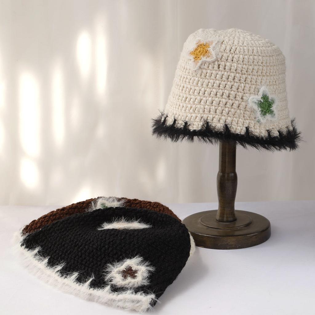 New Star Colorful Fringe Woolen Hat Women's Autumn and Winter Cute Handmade Plush Hat Knitted Fisherman Bucket Hats
