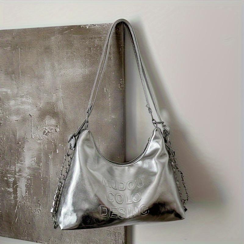 Stylish Silvery Large Capacity Handbag Versatile Crossbody & Shoulder Carry, Durable with Polyester Lining, Zipper Closure