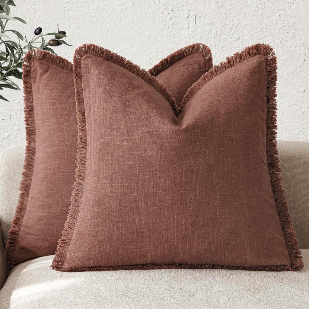 Fundas de Cojín Decorativas de Lino Verde Oliva con Flecos Estilo Boho Granja con Borlas Funda de Cojín para Sofá Sala de Estar 18×18 Pulgadas