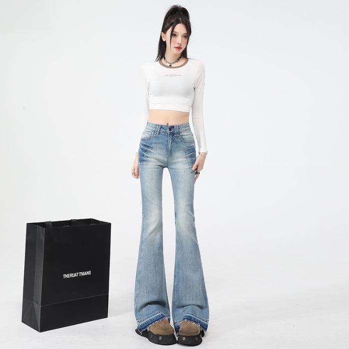 High Street Slimming Tie-Dye Distressed Micro-Flare Stretch Denim Jeans Large