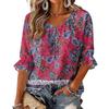 Women's Vintage Floral Print Blouse with Tie Neck and Ruffle Three-Quarter Sleeves