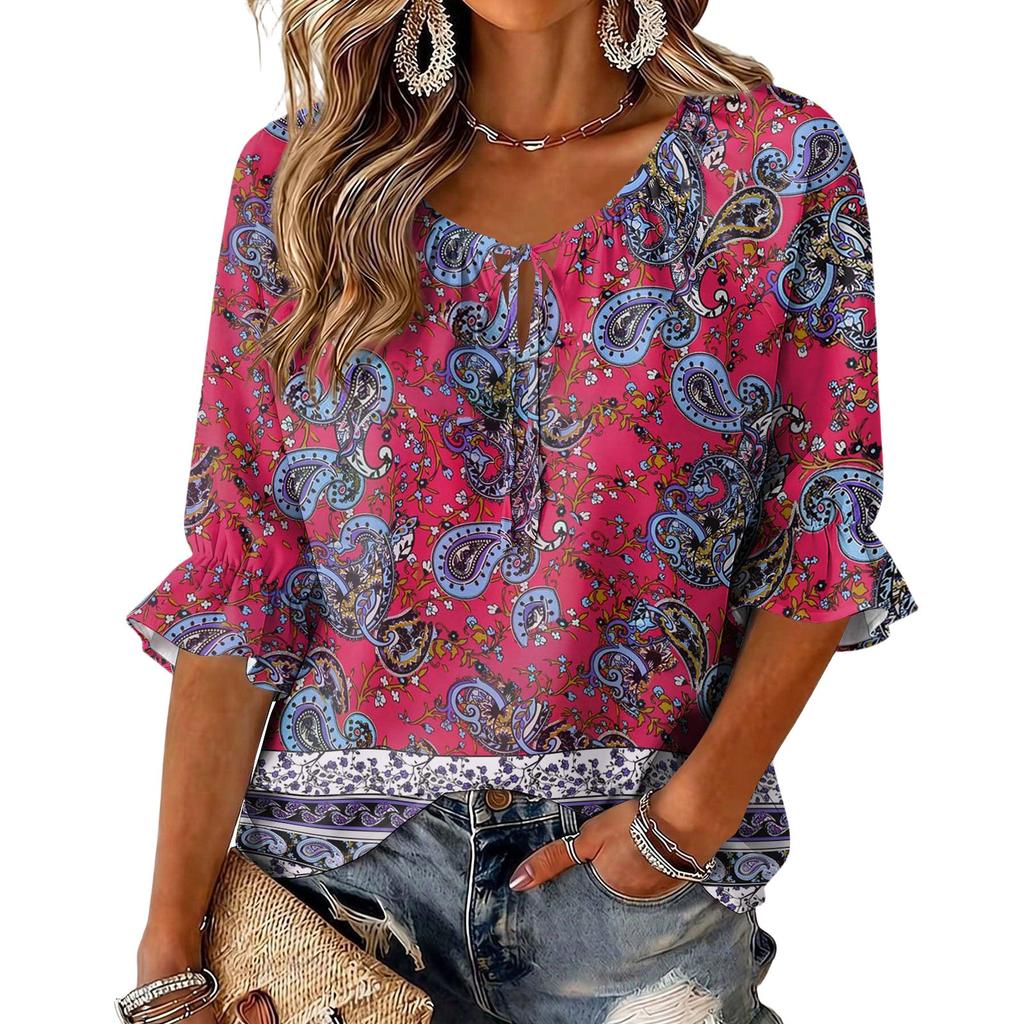 Women's Vintage Floral Print Blouse with Tie Neck and Ruffle Three-Quarter Sleeves