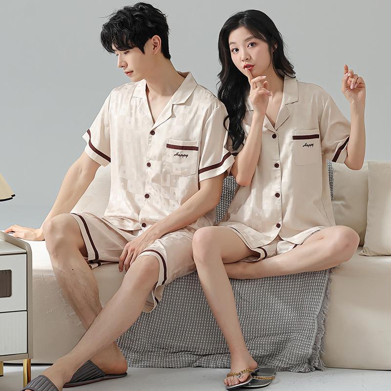 Ice Silk Pajamas Couple 1011 New Summer Thin Short-sleeved Shorts Can Be Worn Outside a Man's and a Woman's Pajamas Loungewear