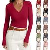 Women's Color V-Neck Slim-Fit Long-Sleeve Top