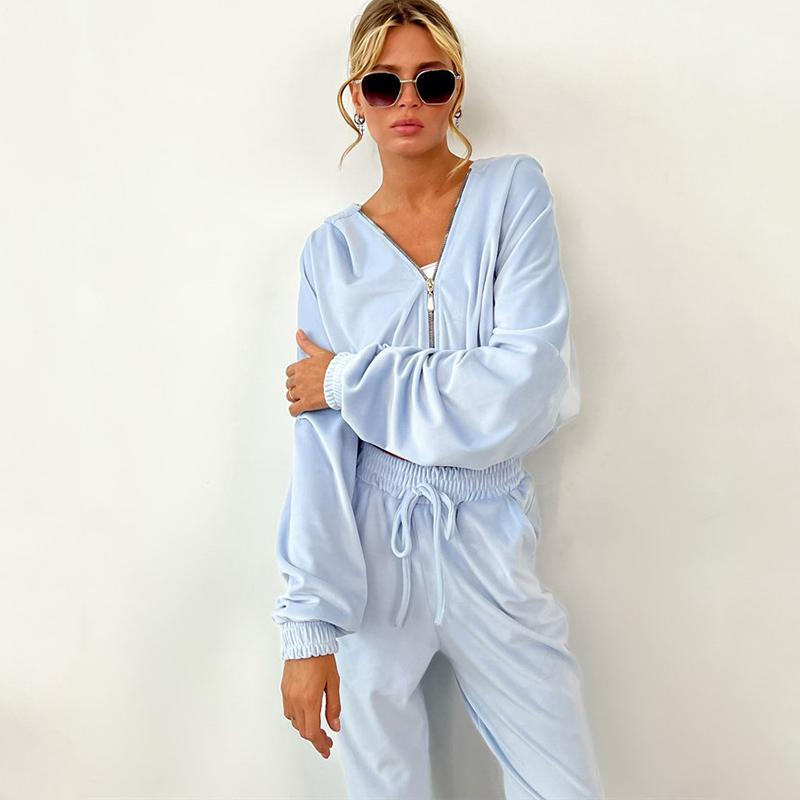

Жіночий гарячий модний комплект осінь-зима 2024, толстовка на блискавці, спортивний костюм на зав’язках, штани, однотонний комплект із двох предметів L світло-синій колір
