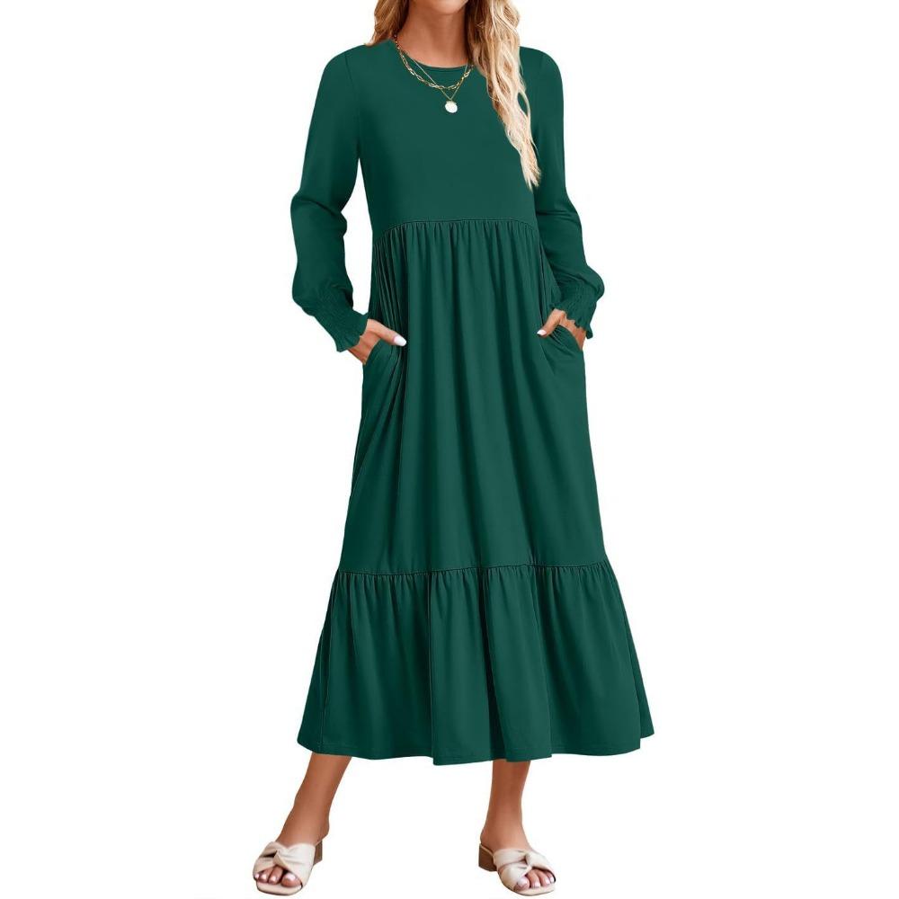 Long-sleeved Smocked Fashionable Casual Dress with Full Skirt