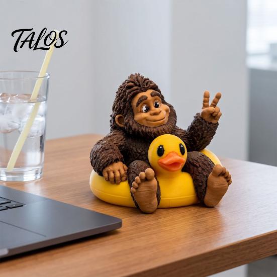 Playful Tabletop Accent Sasquatch And Duck Figurine, on Swimming Ring Statue, Unique Shelf Display Statue Funny Animal for Home Decor Novelty