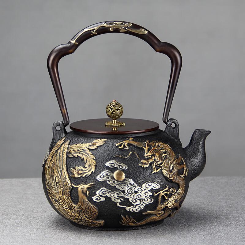 Chaxun Gilded Dragon Phoenix Iron Teapot with Three-Bend Handle, 1200ml
