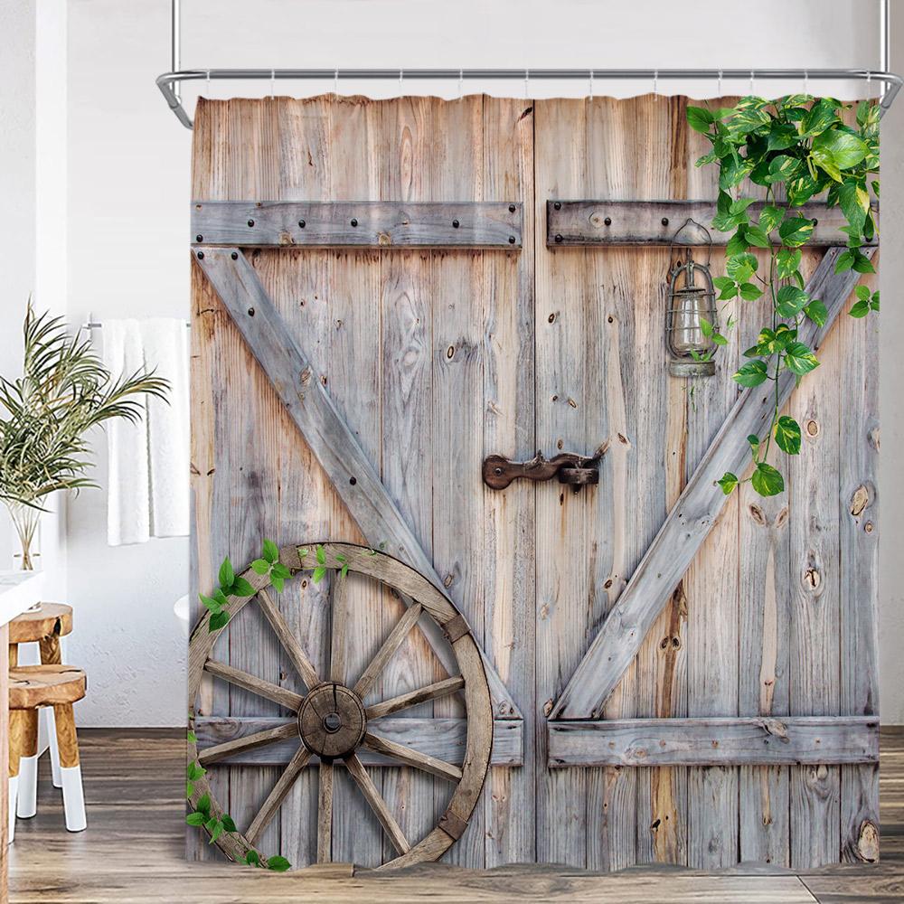 Rustic Barn Door Shower Curtains Rural Life Green Vines Wheel Wooden Plank Door Bath Decor Vintage Western Cowboy Bath Curtain